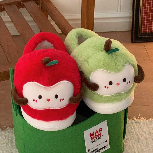 趣味紅綠蘋果百搭居家毛毛拖鞋(預購)