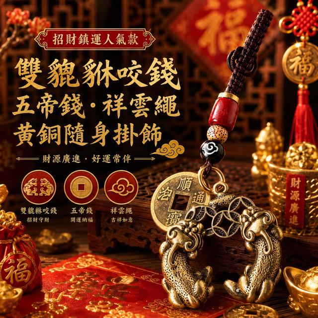 預購 咬錢雙貔貅・五帝錢祥雲繩招財黃銅鑰匙扣-9/8下午3點收單