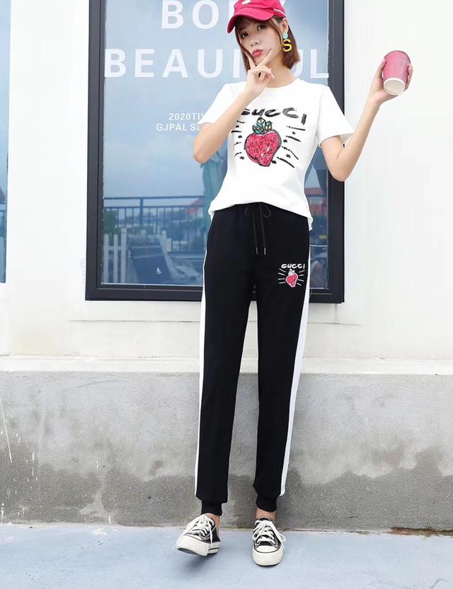 实拍2020夏新款G字母草莓🍓短袖套头棉上衣+松紧腰长裤时尚休闲运动套装两件套