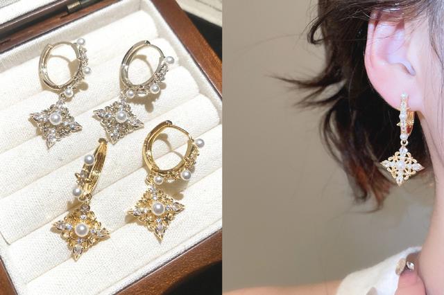 [韓國飾品連線] 正韓 輕奢高級感鋯石菱形珍珠耳扣 📍韓國連線預購收單日：4/19