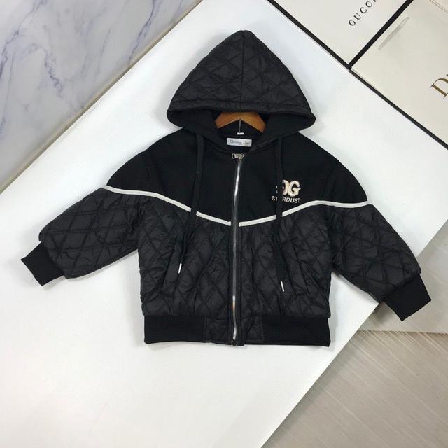 高端童装，女童棉衣外套，连帽刺绣字母加绒夹棉拉链外套