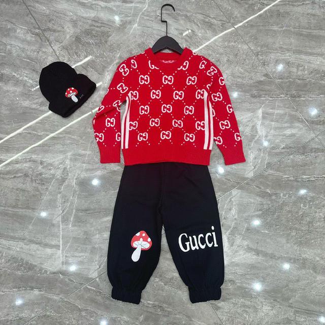 高端童装，男女童套装，三件套，藏青GG羊绒衫，