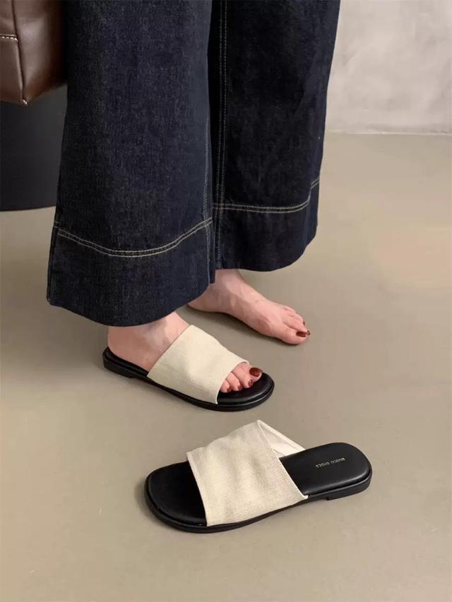 韓國 亞麻牛皮平底拖鞋#隨時結單