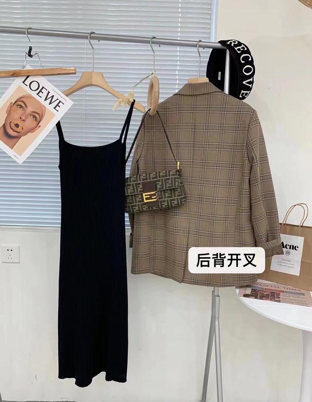 韓版格子西裝外套+針織吊帶