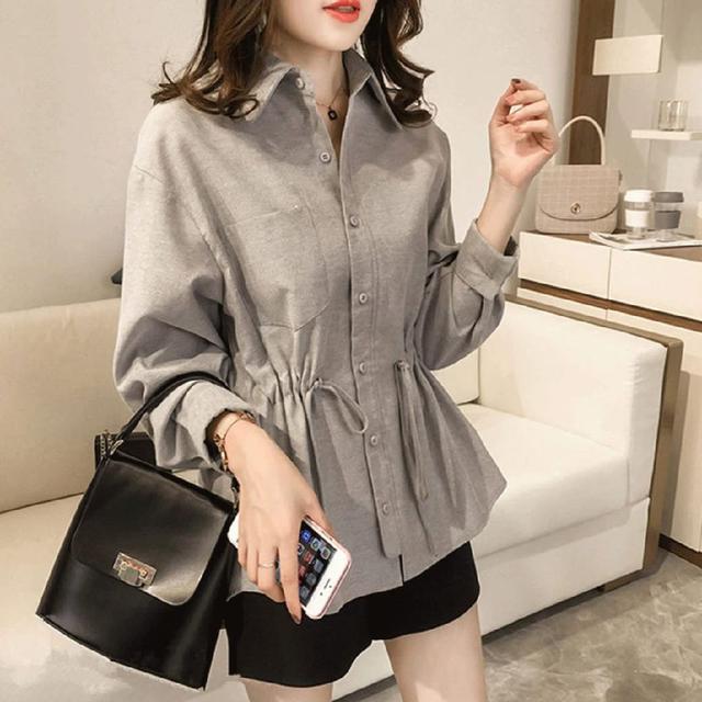 K1475-韓國氣質前短後長收腰大碼長袖襯衫