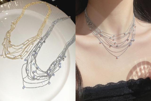 [韓國飾品連線] 正韓 冷淡風鋯石多層流蘇項鍊 ❤️金📍韓國連線預購收單日：4/19
