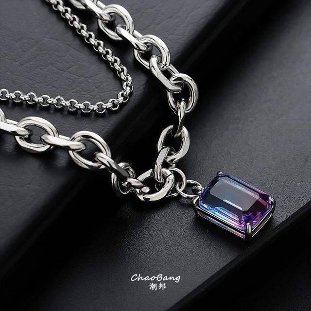 钛鋼雙層疊戴皓石項鏈