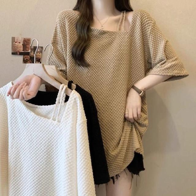 K1393-韓國斜肩設計感不規則中長版上衣T恤