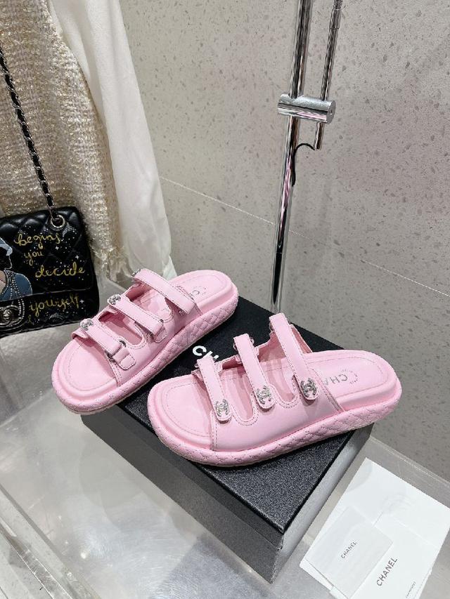 2025早春新款 小香菱格双钻扣魔术贴三带沙滩拖鞋凉鞋凉拖